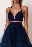 Navy A Line Tulle Halter Tiered Maxi Prom Dress