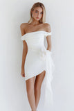 White Bodycon Satin Asymmetrical Graduation Dress with Ruffles