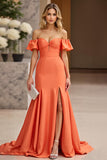 Orange Mermaid Satin Off the Shoulder Maxi Prom Dress with Slit