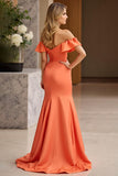 Orange Mermaid Satin Off the Shoulder Maxi Prom Dress with Slit