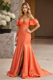 Orange Mermaid Satin Off the Shoulder Maxi Prom Dress with Slit