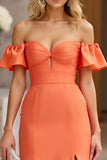 Orange Mermaid Satin Off the Shoulder Maxi Prom Dress with Slit