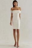 White Satin Bodycon Off the Shoulder Short Graduation Dress with Fringes