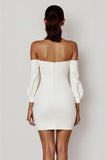 White Bodycon Off the Shoulder Satin Mini Graduation Dress with Bow
