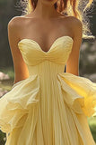 Daffodil Sweetheart Pleated A Line Chiffon Long Prom Dress with Ruffles