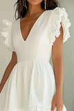 White Satin Short V-Neck A Line Cute Graduation Dress with Ruffles