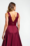 Burgundy Satin Illusion Boat Neck Maxi Formal Dress with Lace