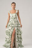 Green Floral Ruffles Tiered Floral Bridesmaid Dress with Slit