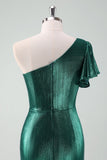 Dark Green Metallic One Shoulder Mermaid Asymmetircal Cocktail Dress with Ruffles