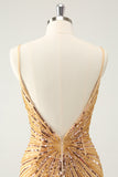 Golden Bodycon Spaghetti Straps Prom Dress with Sequins