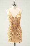 Golden Bodycon Spaghetti Straps Prom Dress with Sequins