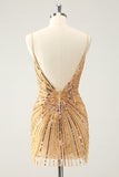 Golden Bodycon Spaghetti Straps Prom Dress with Sequins