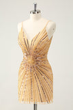 Golden Bodycon Spaghetti Straps Prom Dress with Sequins