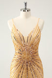 Golden Bodycon Spaghetti Straps Prom Dress with Sequins