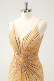 Golden Bodycon Spaghetti Straps Prom Dress with Sequins