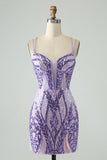 Sparkly Dark Purple Spaghetti Straps Corset Short Prom Dress with Sequins