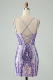 Sparkly Dark Purple Spaghetti Straps Corset Short Prom Dress with Sequins