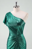 Dark Green Metallic One Shoulder Mermaid Asymmetircal Cocktail Dress with Ruffles