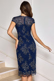 Navy Cap Sleeves Applique Sheath Mother of the Bride Dress with Wrap