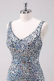 Sparkly Silver Bodycon V-Neck Short Prom Dress with Sequins