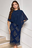 Navy Cap Sleeves Applique Sheath Mother of the Bride Dress with Wrap