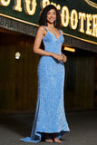 Gorgeous Light Blue Mermaid V Neck Long Sequined Prom Dress