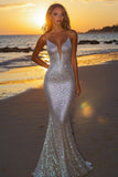 Sparkly Silver Spaghetti Straps Mermaid Sequined Formal Dress