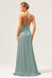 Martini A-Line Spaghetti Straps Satin Bridesmaid Dress with Slit