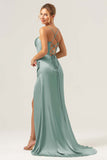 Dark Green Mermaid Satin Sweep Train Bridesmaid Dress with Slit