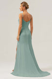 Dark Green Mermaid Spaghetti Straps Sweep Train Bridesmaid Dress with Slit