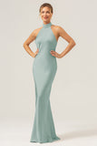 Champagne Halter Mermaid Satin Wedding Guest Dress with Back Slit