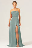 Martini A-Line Spaghetti Straps Satin Bridesmaid Dress with Slit