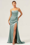 Dark Green Mermaid Satin Sweep Train Bridesmaid Dress with Slit