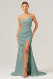 Dark Green Mermaid Spaghetti Straps Sweep Train Bridesmaid Dress with Slit