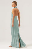 Champagne Halter Mermaid Satin Wedding Guest Dress with Back Slit