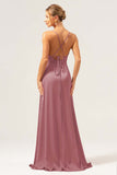 Martini A-Line Spaghetti Straps Satin Bridesmaid Dress with Slit