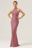 Champagne Halter Mermaid Satin Wedding Guest Dress with Back Slit