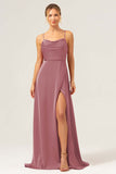 Martini A-Line Spaghetti Straps Satin Bridesmaid Dress with Slit