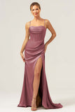 Dark Green Mermaid Satin Sweep Train Bridesmaid Dress with Slit