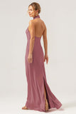 Champagne Halter Mermaid Satin Wedding Guest Dress with Back Slit