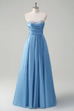 Blue A Line Strapless Pleated Corset Prom Dress with Sequins