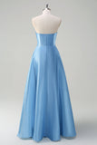 Blue A Line Strapless Pleated Corset Prom Dress with Sequins