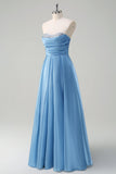 Blue A Line Strapless Pleated Corset Prom Dress with Sequins