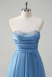 Blue A Line Strapless Pleated Corset Prom Dress with Sequins