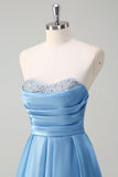 Blue A Line Strapless Pleated Corset Prom Dress with Sequins