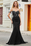 Off the Shoulder Black Sparkly Mermaid Prom Dress