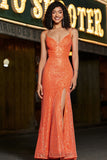 Sparkly Orange Sequins Mermaid Spaghetti Straps Long Prom Dress With Criss Cross Back