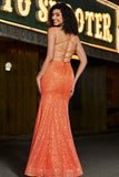 Sparkly Orange Sequins Mermaid Spaghetti Straps Long Prom Dress With Criss Cross Back