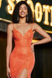 Sparkly Orange Sequins Mermaid Spaghetti Straps Long Prom Dress With Criss Cross Back