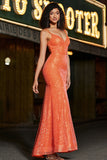 Sparkly Orange Sequins Mermaid Spaghetti Straps Long Prom Dress With Criss Cross Back